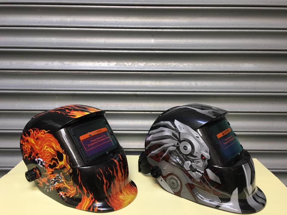 Close up of welding helmets